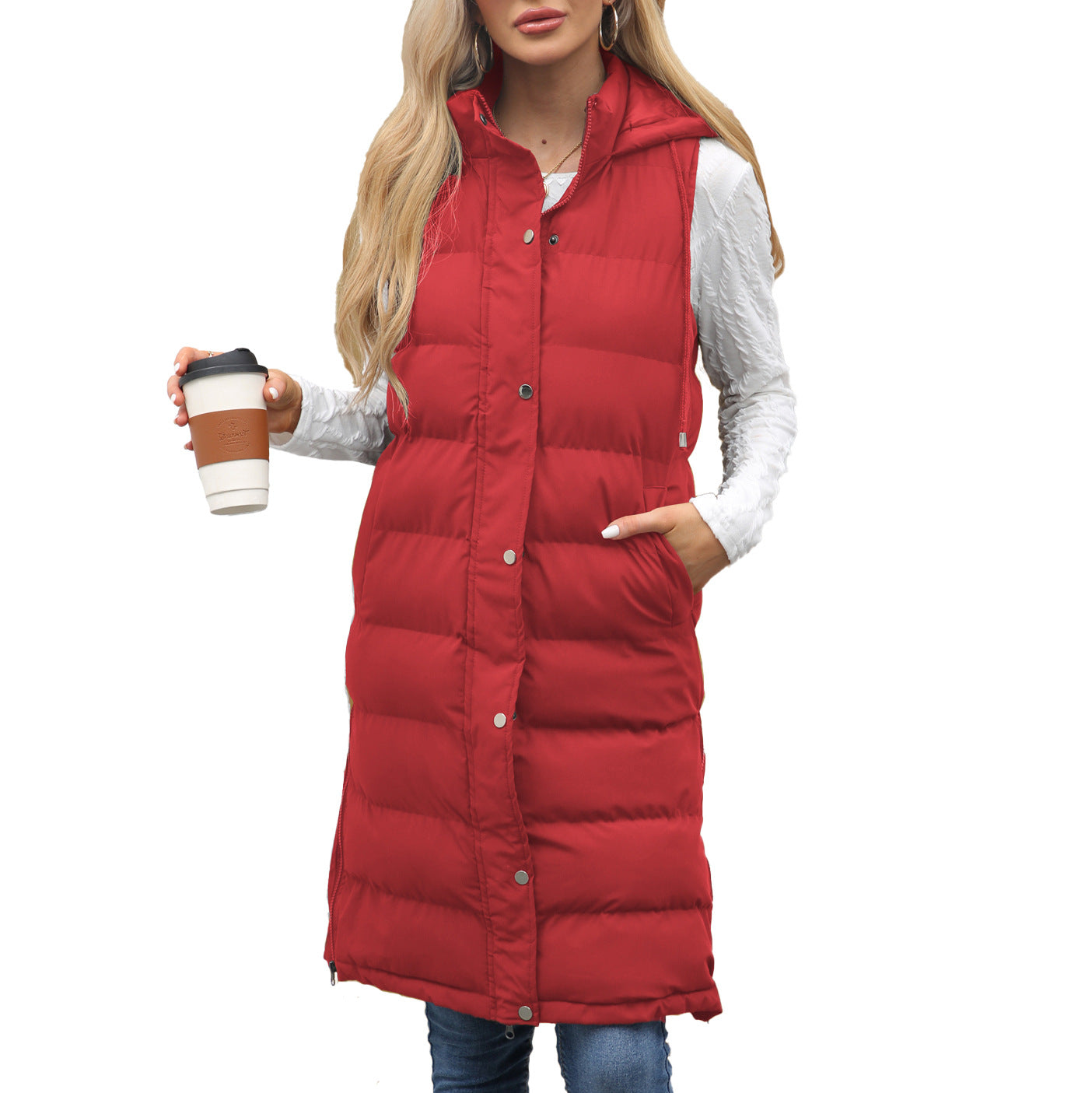 Women's Hooded Sleeveless Long Solid Color Zipper Vests