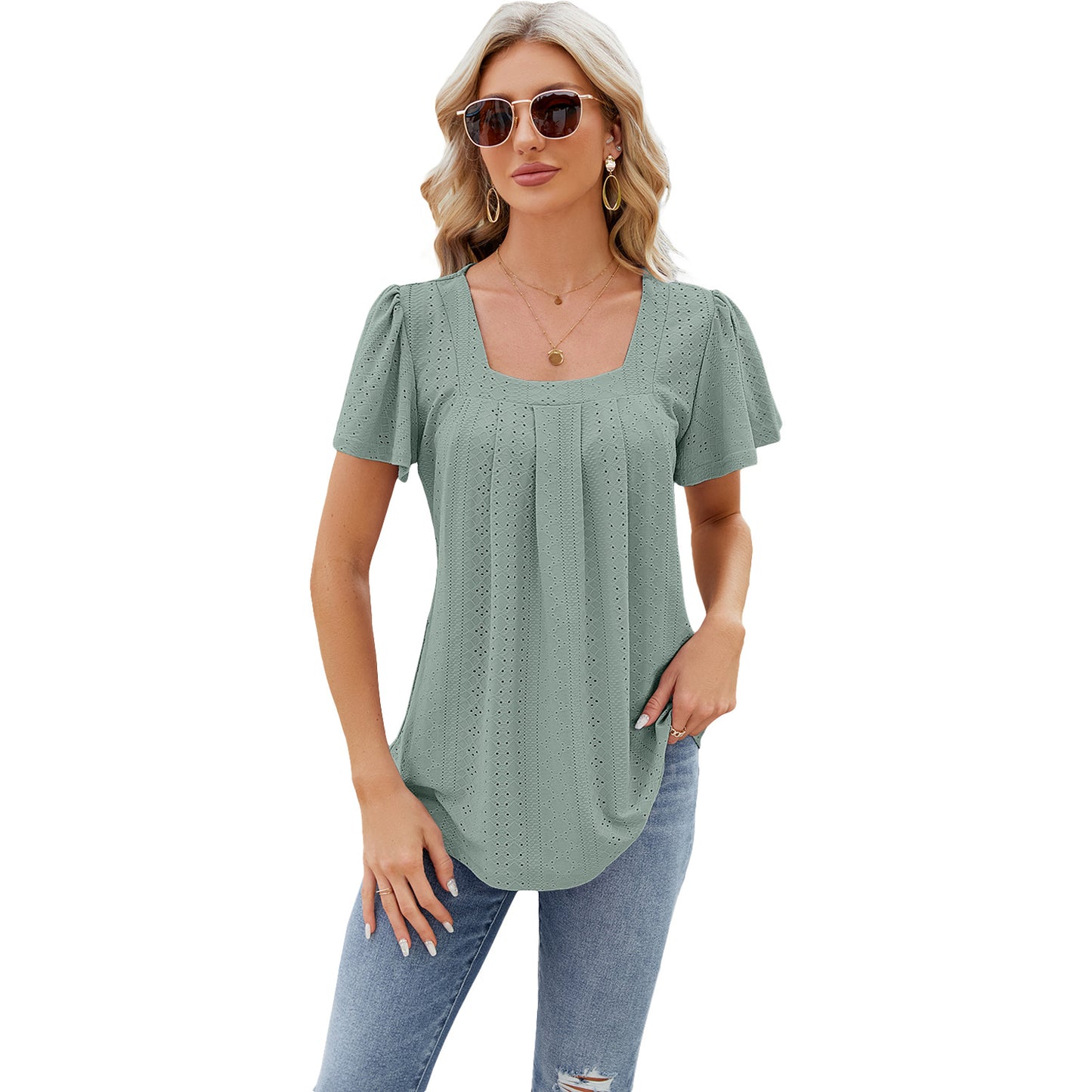 Women's Pleated Square Collar Jacquard Short-sleeved Dovetail Blouses
