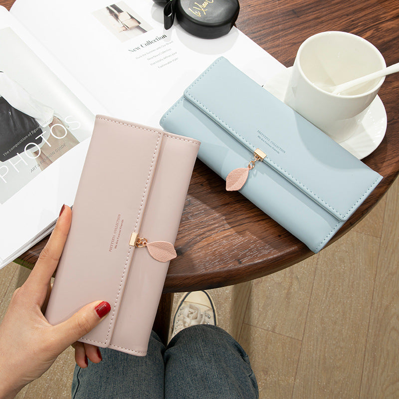 Long Korean Style Leaf Pendant Trifold Ladies Wallet