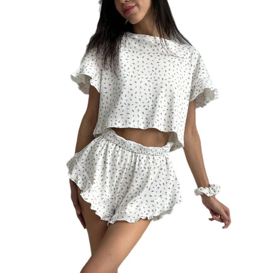 Women's Casual Printing Ruffled Sleeve Round Neck Pajamas Suits