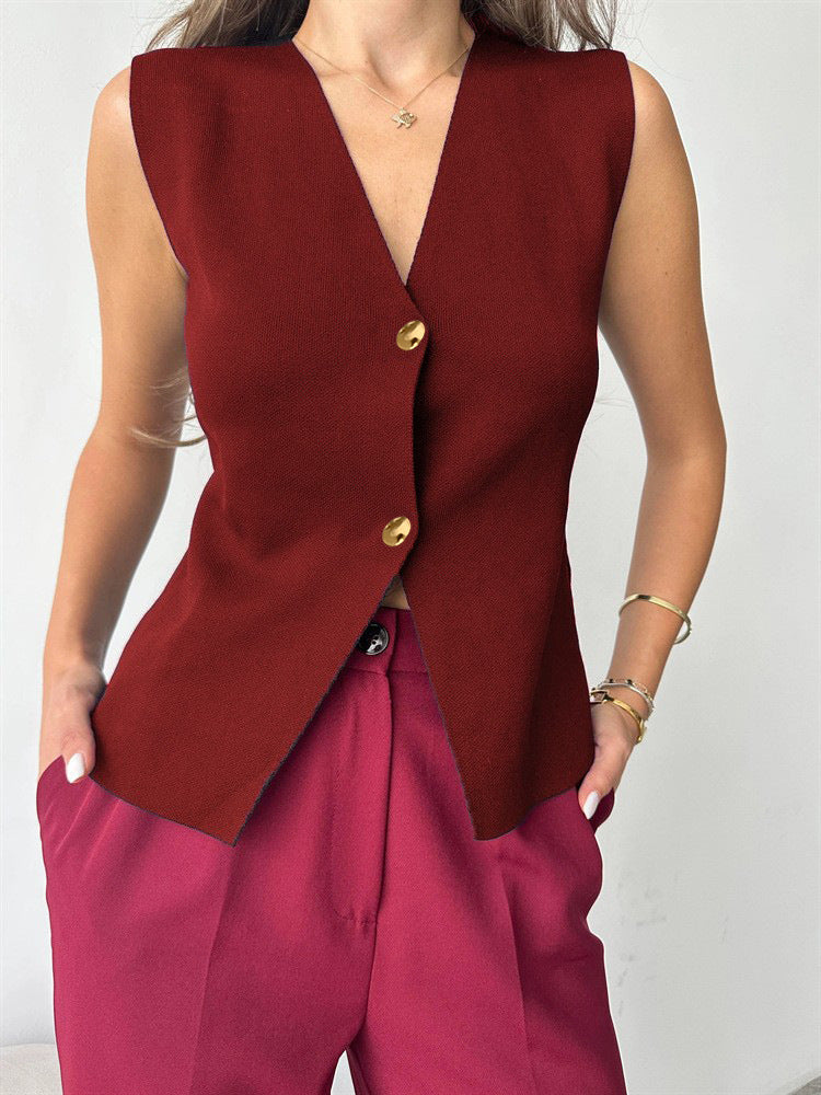 Women's Metal Buckle Slit Knitted Slim Fit Knitwear