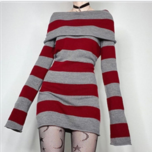 Striped Lapel Slim Fit Long Knitted Sweaters