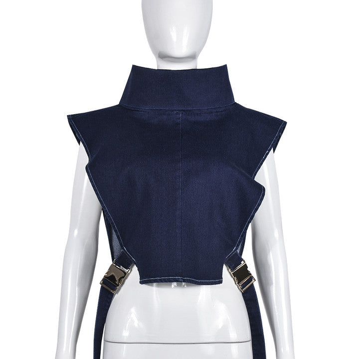Women's Denim Washed Pile Collar Sleeveless For Vests