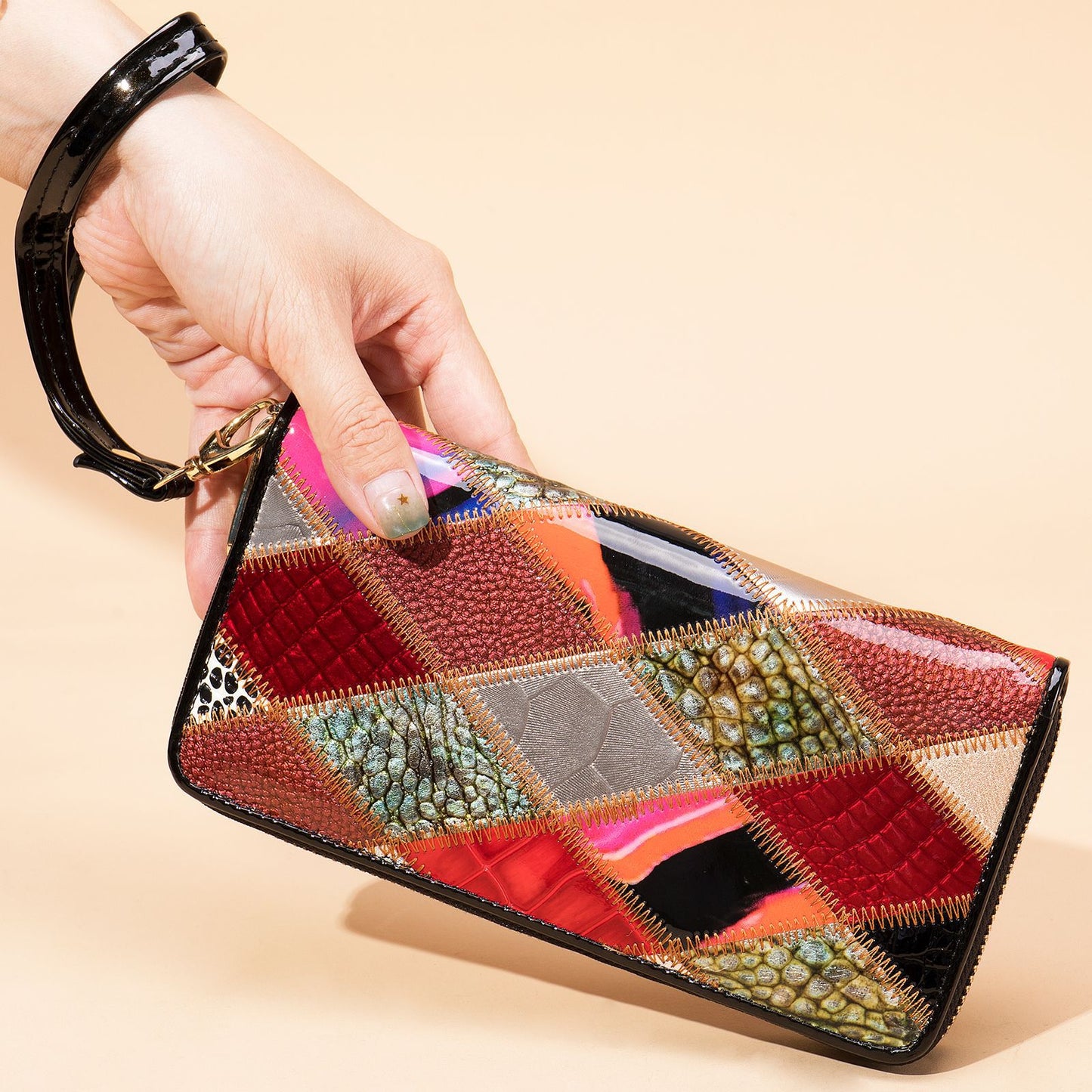 Women's Clutch Long Ethnic Style Leather Stitching Ladies Wallets