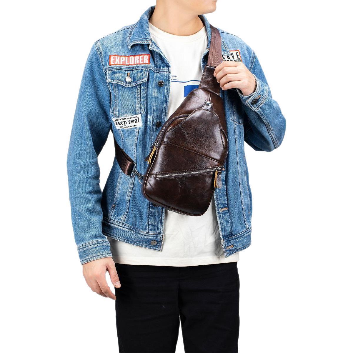 Men's Creative Unique Leather Black Cowhide Men's Chest Bags