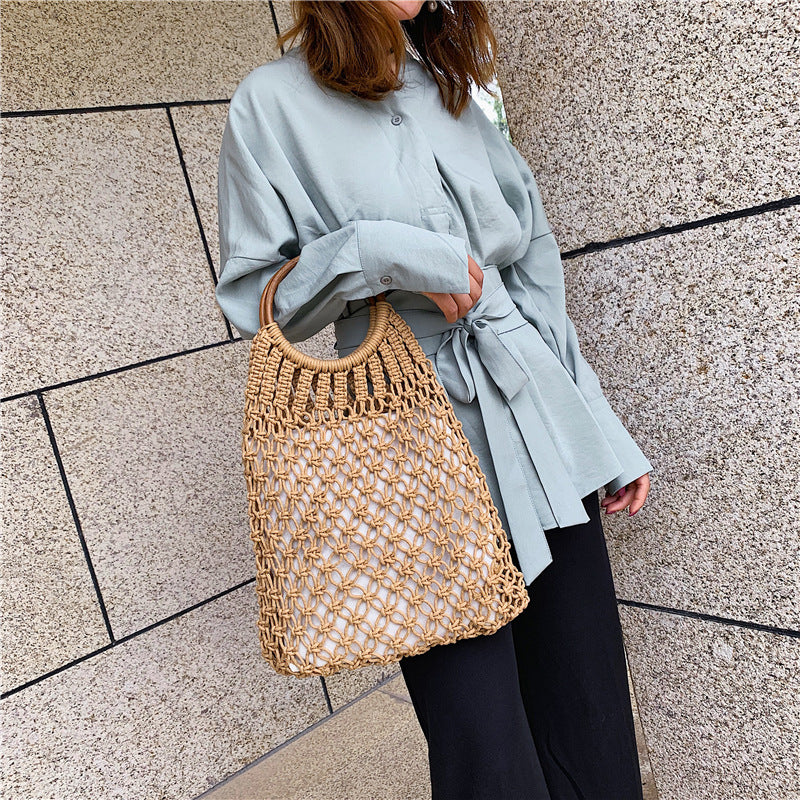 Hand-woven Mesh Cotton Thread Hollow Straw Summer Vacation Beach Women's Handbag