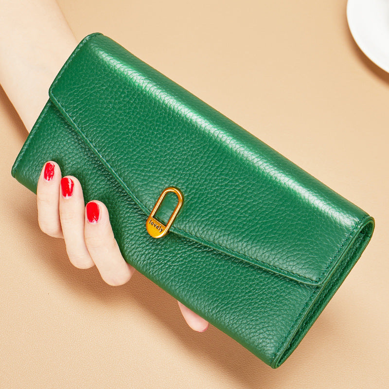 Women's Yellow Long Lucky First Layer Cowhide Ladies Wallet