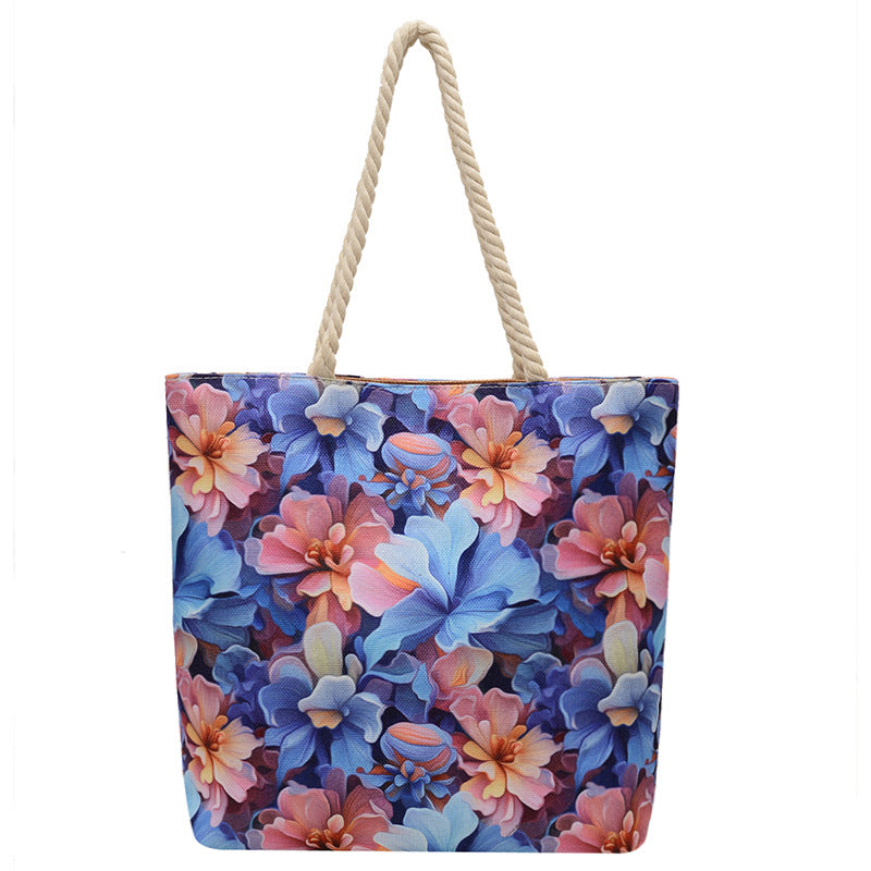 Double-sided Beach Imitation Linen Hot Printed Pattern Large Capacity Canvas Women's Shoulder Bag