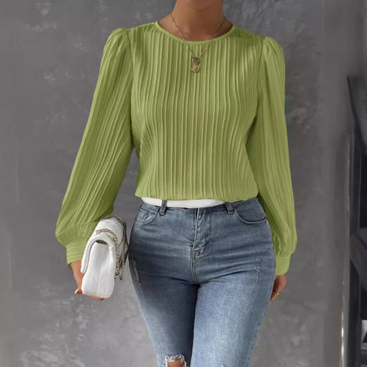 Round Neck Lantern Sleeve Long Solid Blouses