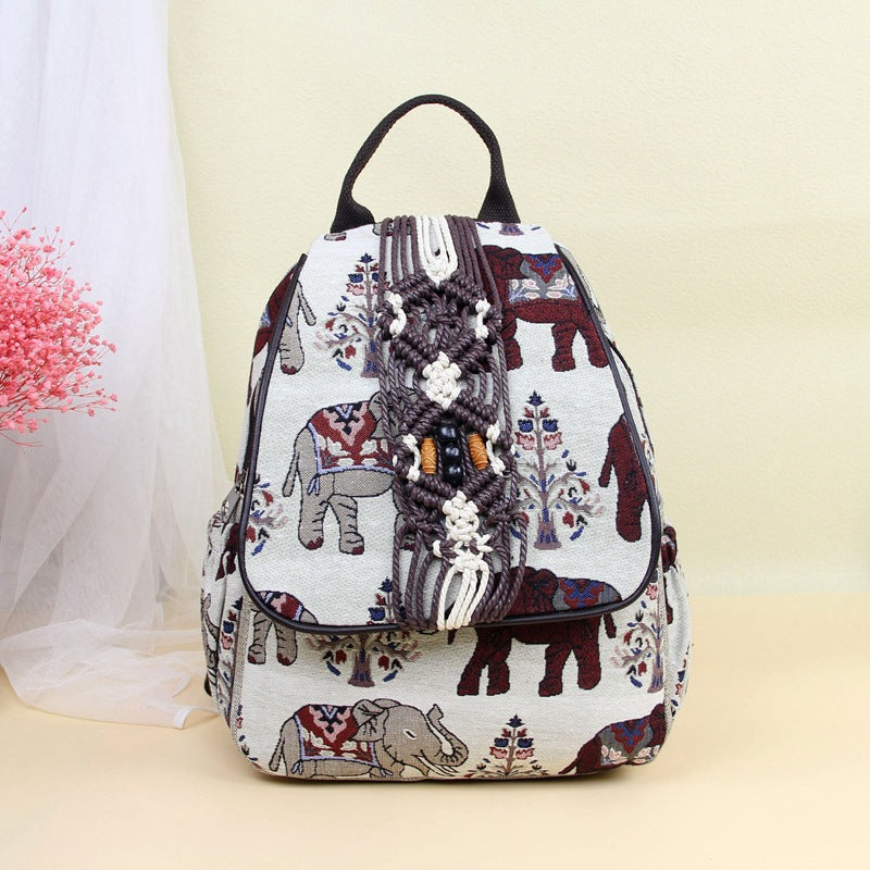 Layer Zipper Elephant Cotton Linen Retro Backpacks