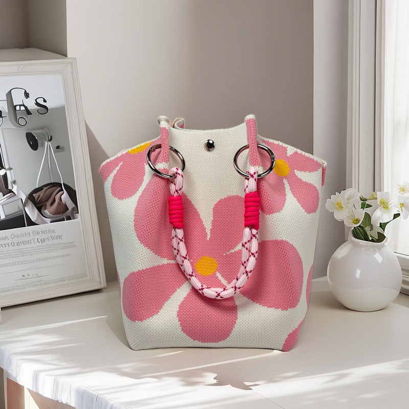 Design Black White Rhombus Knitted Versatile Large Women's Handbag