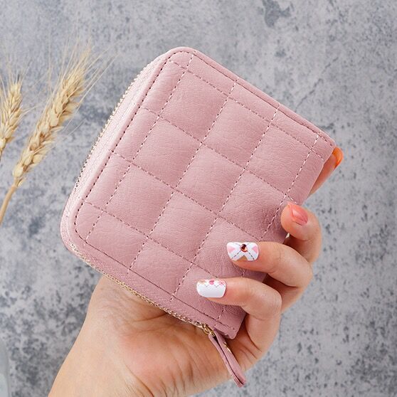 Women's Short Korean Multiple Slots Zipper Hasp Plaid Coin Purses