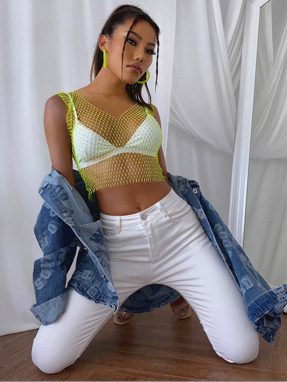 Women's Charming Summer Rhinestone Mesh T-shirt Tops