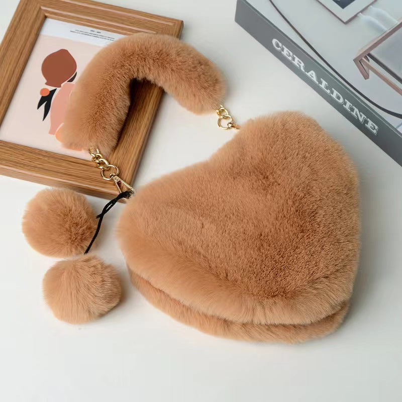 Women's Plush Heart Chain Portable Imitation Rabbit Fur Women's Shoulder Bag