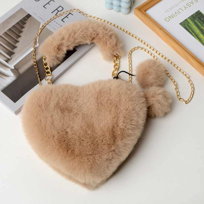 Women's Plush Heart Chain Portable Imitation Rabbit Fur Women's Shoulder Bag