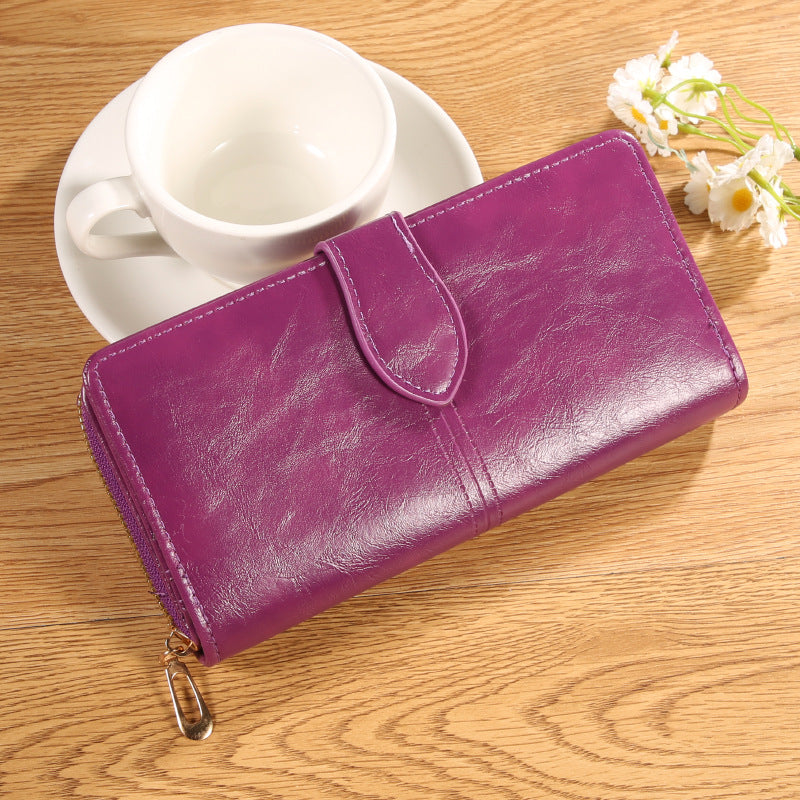 Women's Oil Wax Leather Long Zipper Large Ladies Wallet