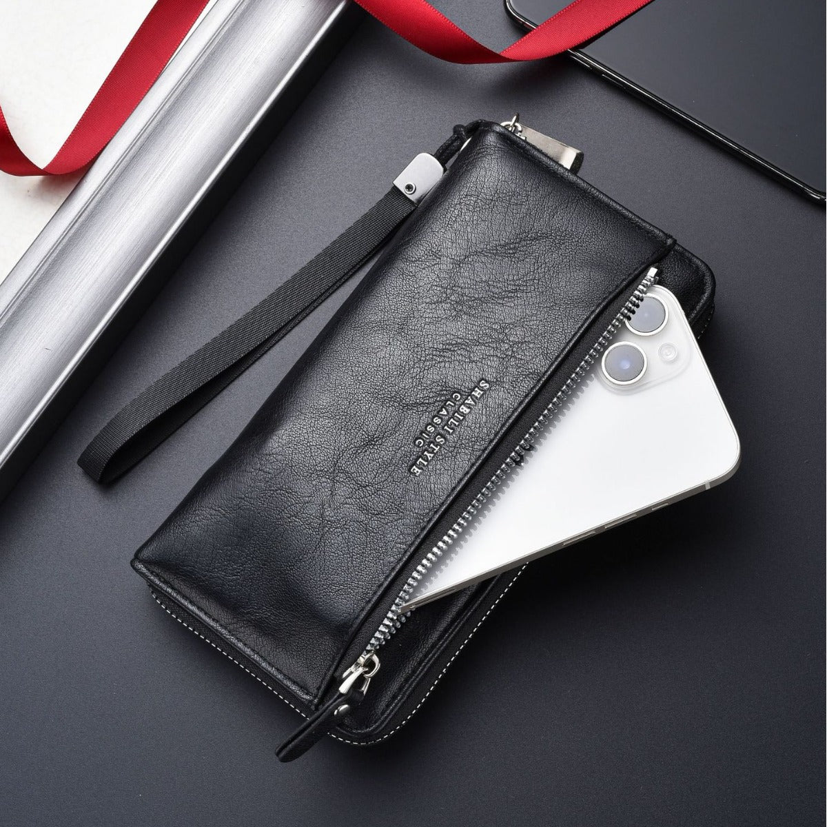 Men's Zipper Outer Car Drawing Mobile Clutch Soft Leather Phone Bags