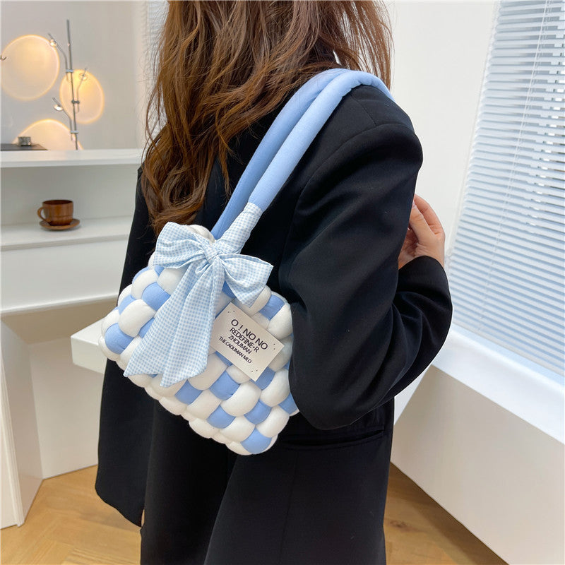 Coarse Yarn Cotton Candy Chessboard Hand-woven Homemade Women's Shoulder Bag