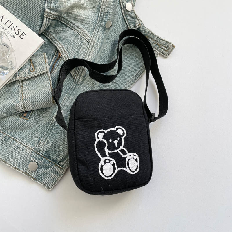 Women's Cute Bear Embroidery Canvas Versatile Women's Shoulder Bag