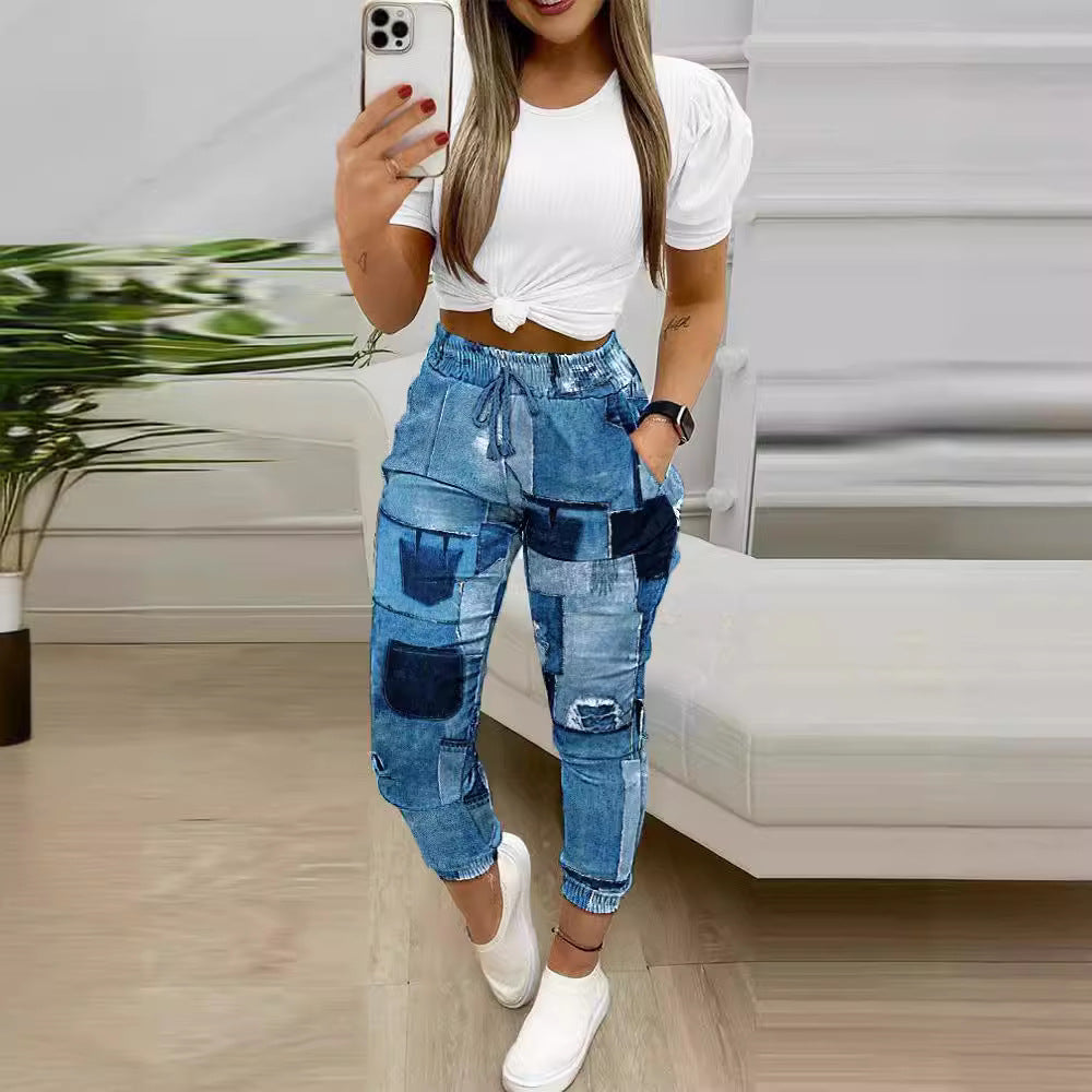 Women's Two-piece Short-sleeved Commuter Printed Drawstring Trousers Suits
