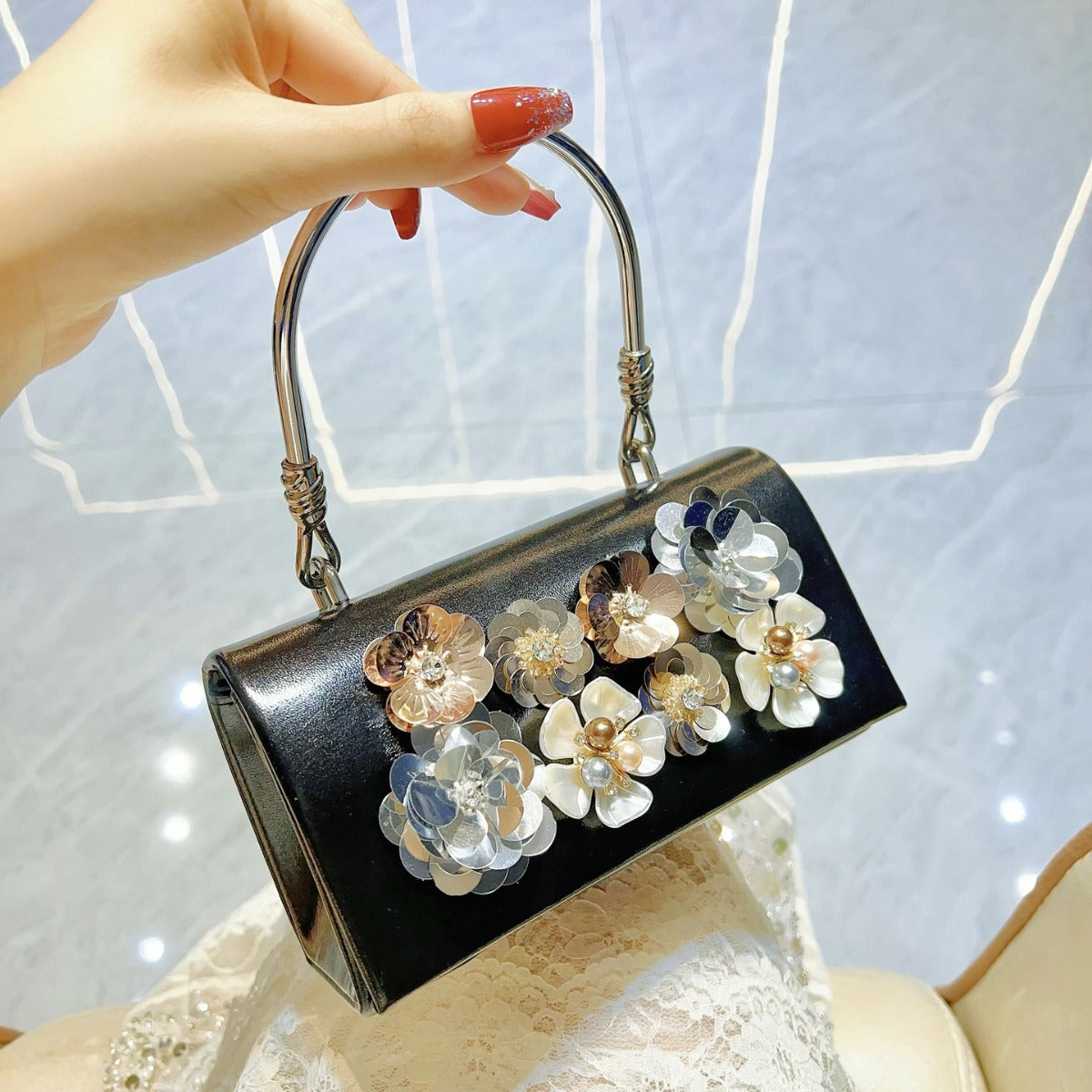 Classic Style Fashion Sequined Flower Banquet Bucket Bags