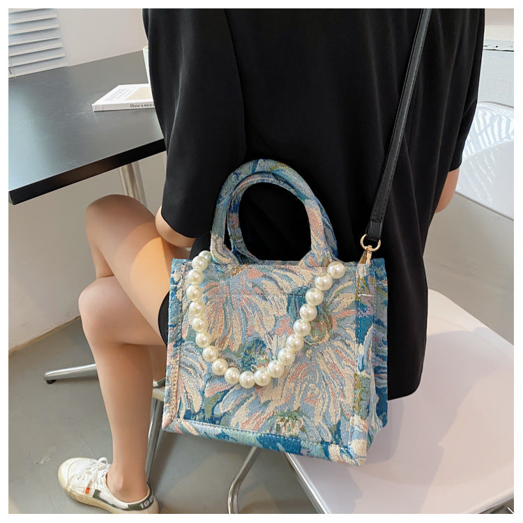 Garden Oil Painting Female Fashion Large Capacity Pearl Shoulder Bags