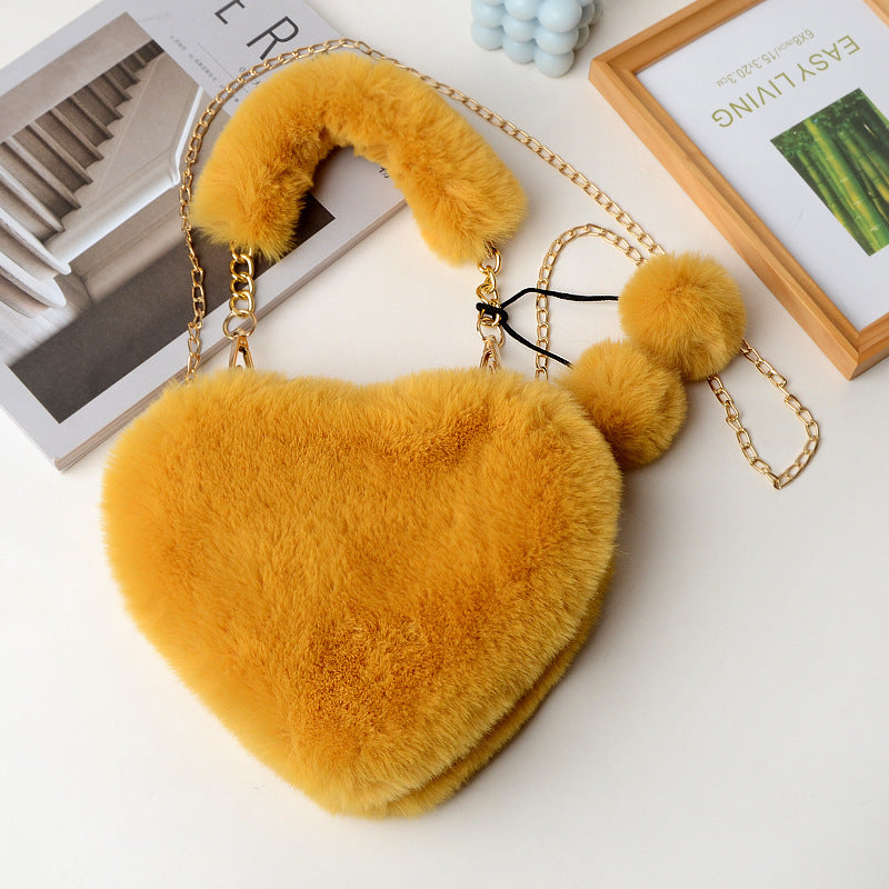 Women's Plush Heart Chain Portable Imitation Rabbit Fur Women's Shoulder Bag