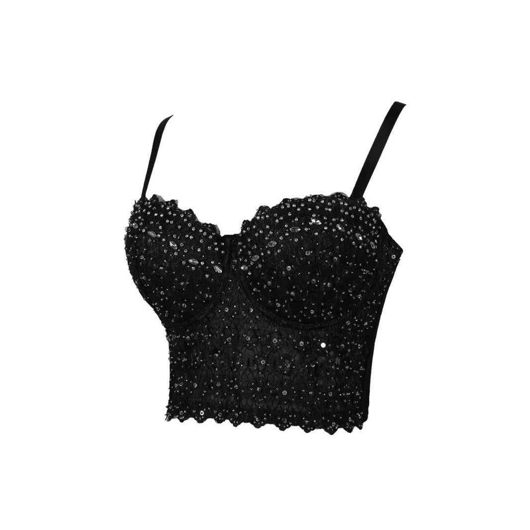 Spaghetti Strap Bra One-piece Embroidery Light Diamond Vests