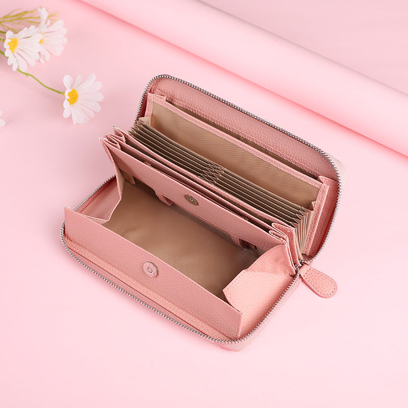 Women's Cowhide Leather Swiping Expanding Multiple Slots Ladies Wallets