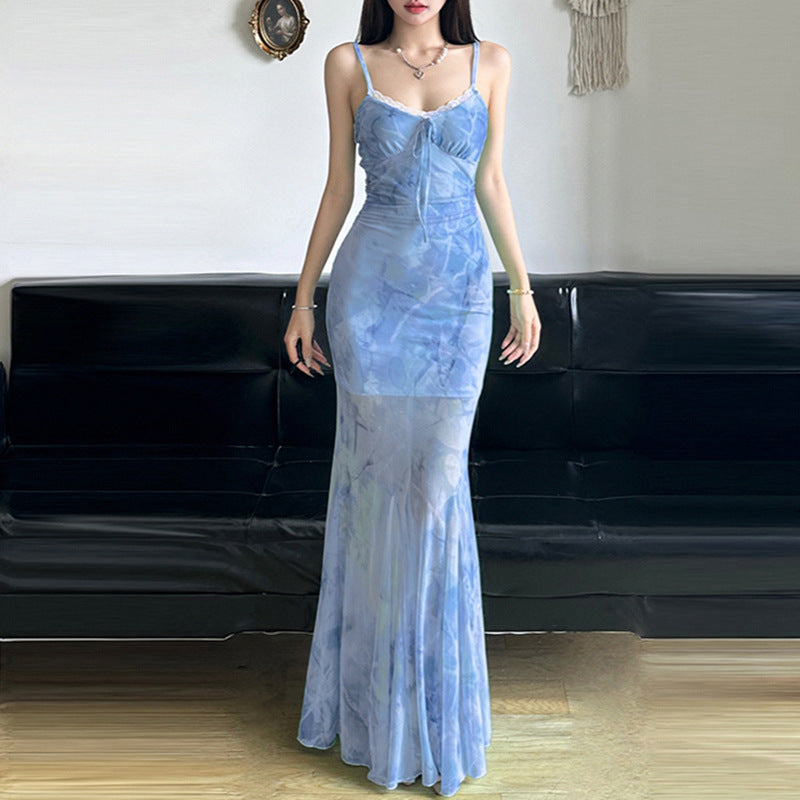 Chinese Style Light Green Butterfly Printed Fishtail Suspender Dresses