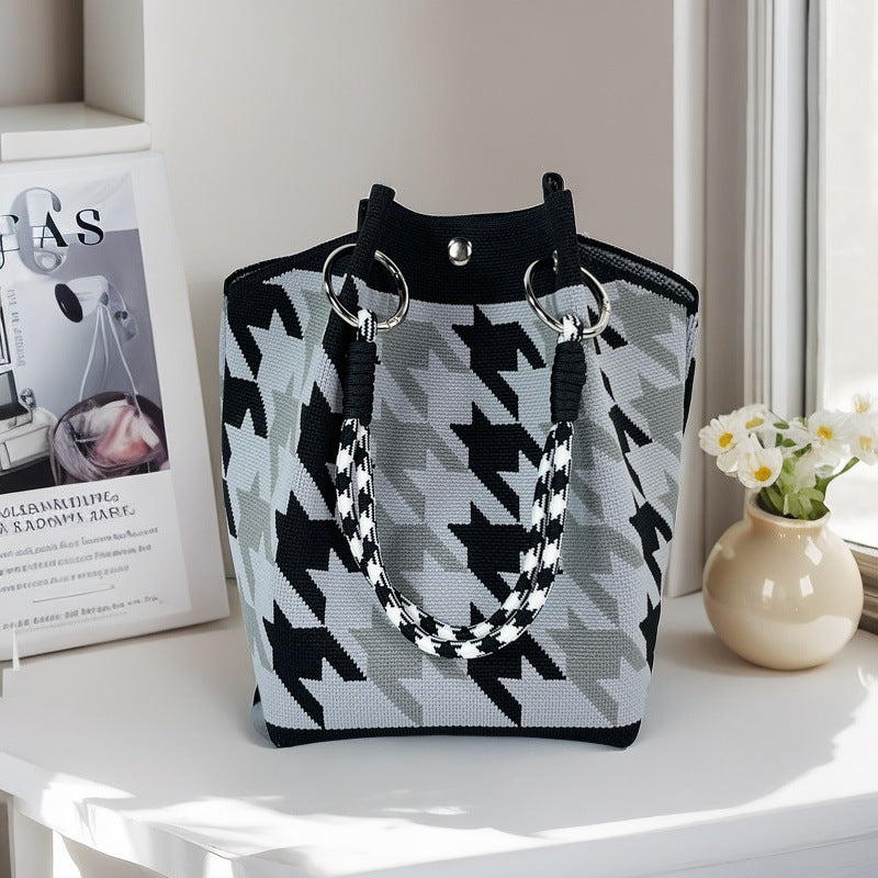 Design Black White Rhombus Knitted Versatile Large Women's Handbag