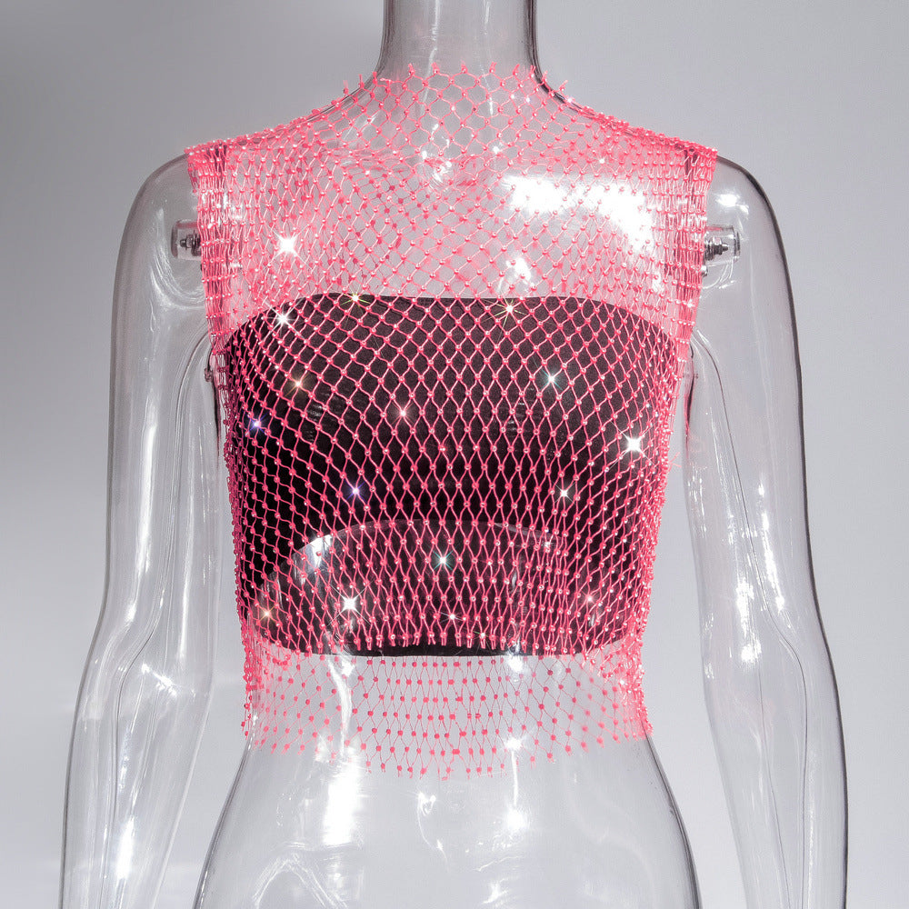 Women's Charming Summer Rhinestone Mesh T-shirt Tops
