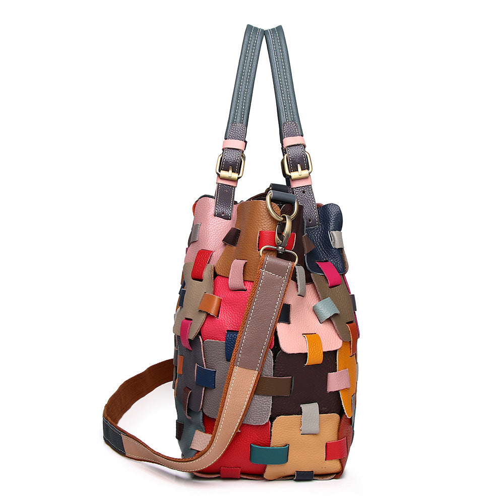 Cowhide Ethnic Style Color Woven Beach Women's Handbag