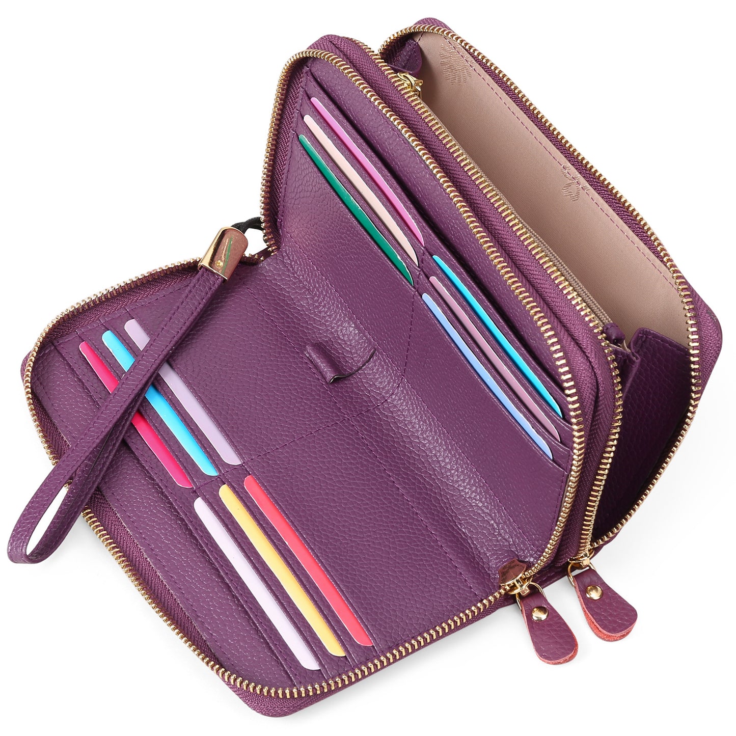 Women's Layer Cowhide Double Zip Clutch Trendy Ladies Wallets