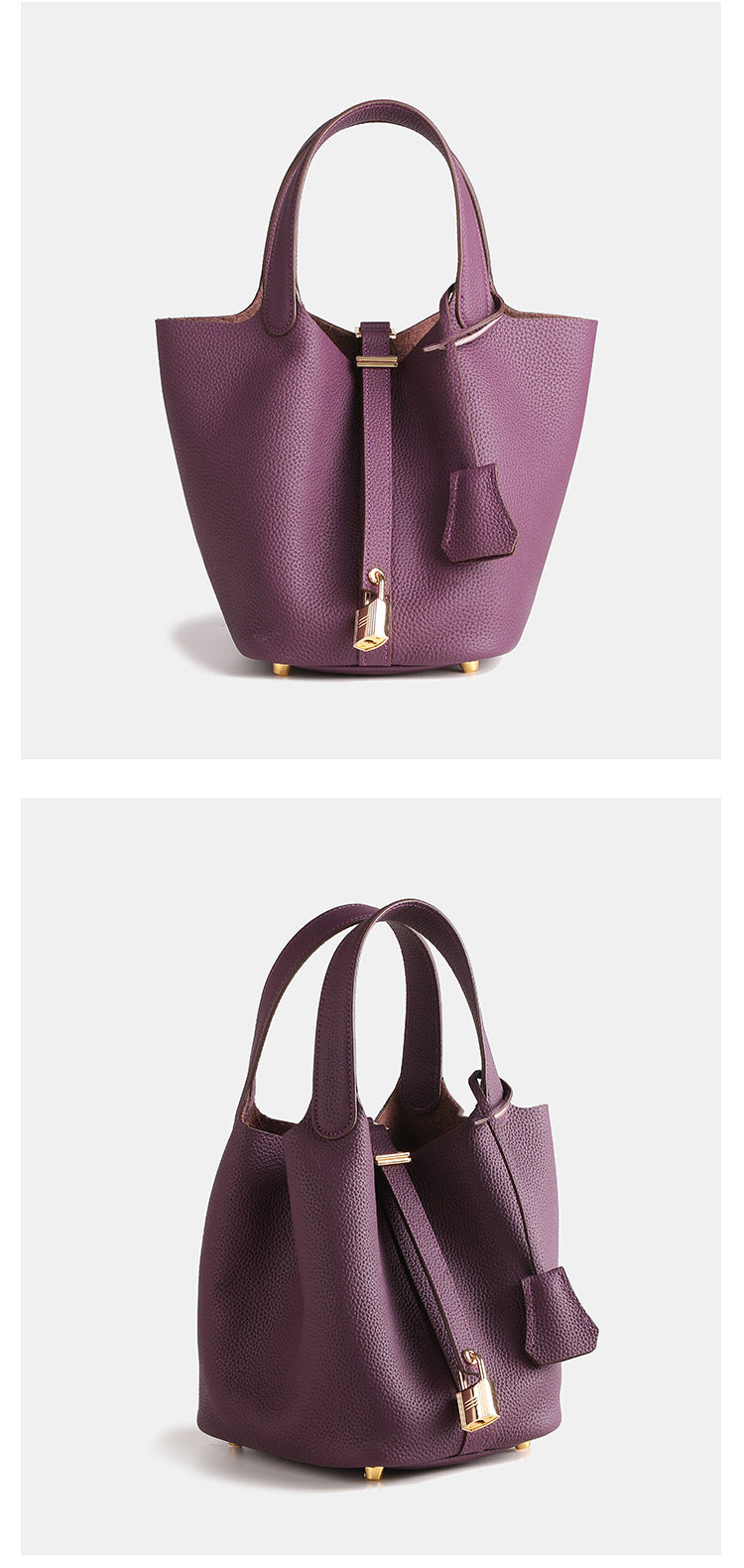 Layer Cowhide Lychee Pattern Solid Color Bucket Bags