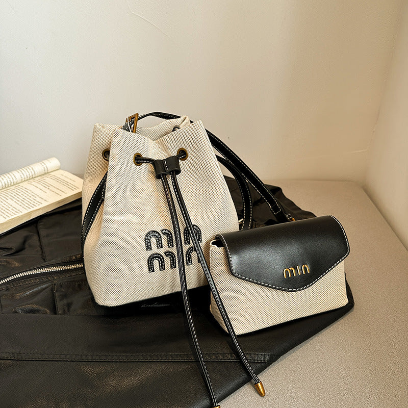 Women's Drawstring Bundle Fashion Contrast Color High-grade Bucket Bags