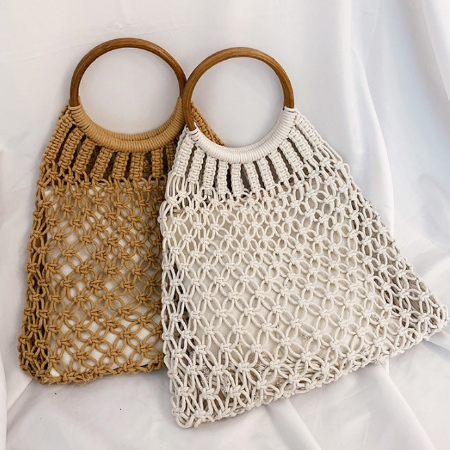Hand-woven Mesh Cotton Thread Hollow Straw Summer Vacation Beach Women's Handbag