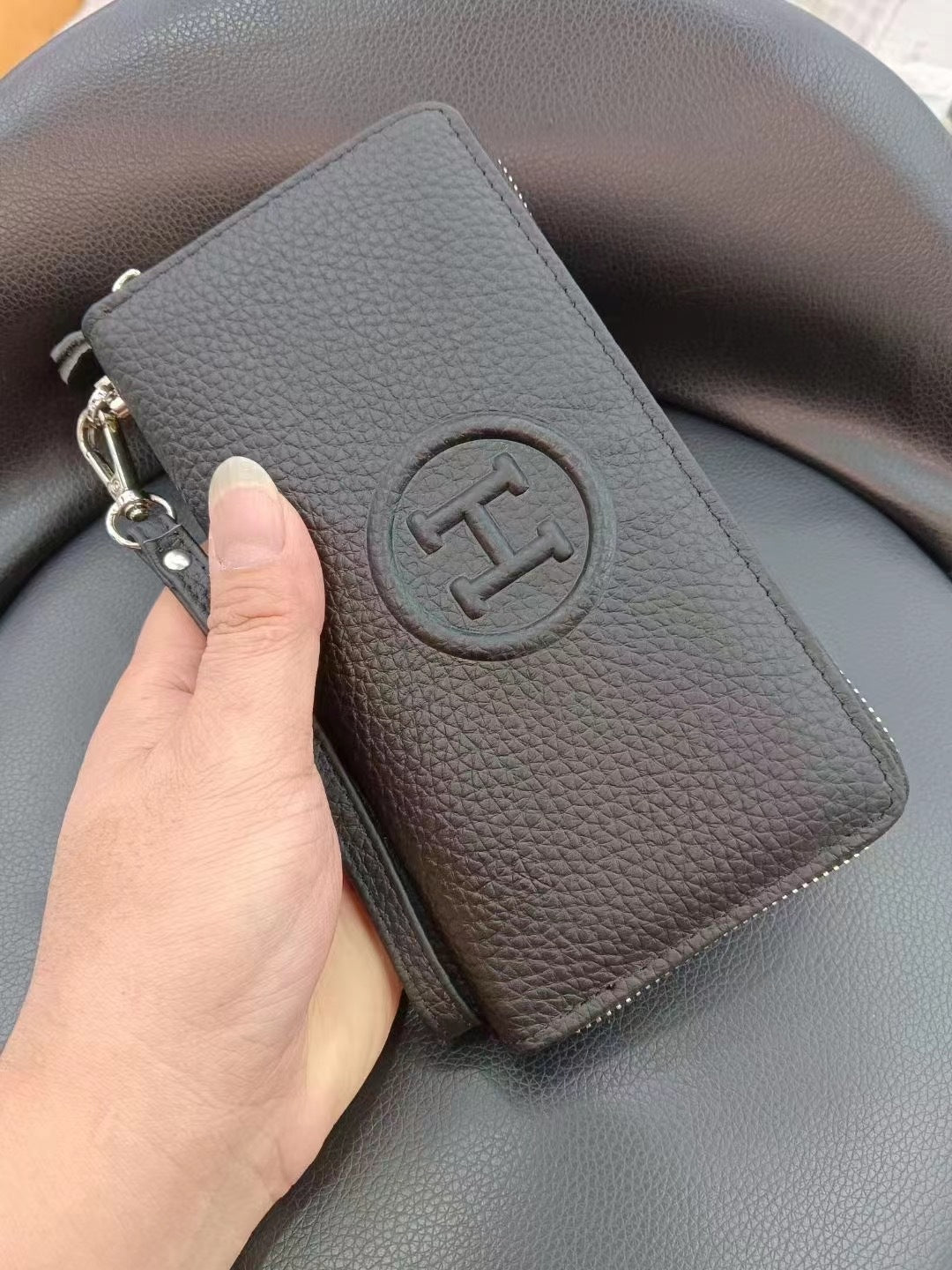 Women's Long Cowhide Zipper Lychee Pattern Clutch Ladies Wallets