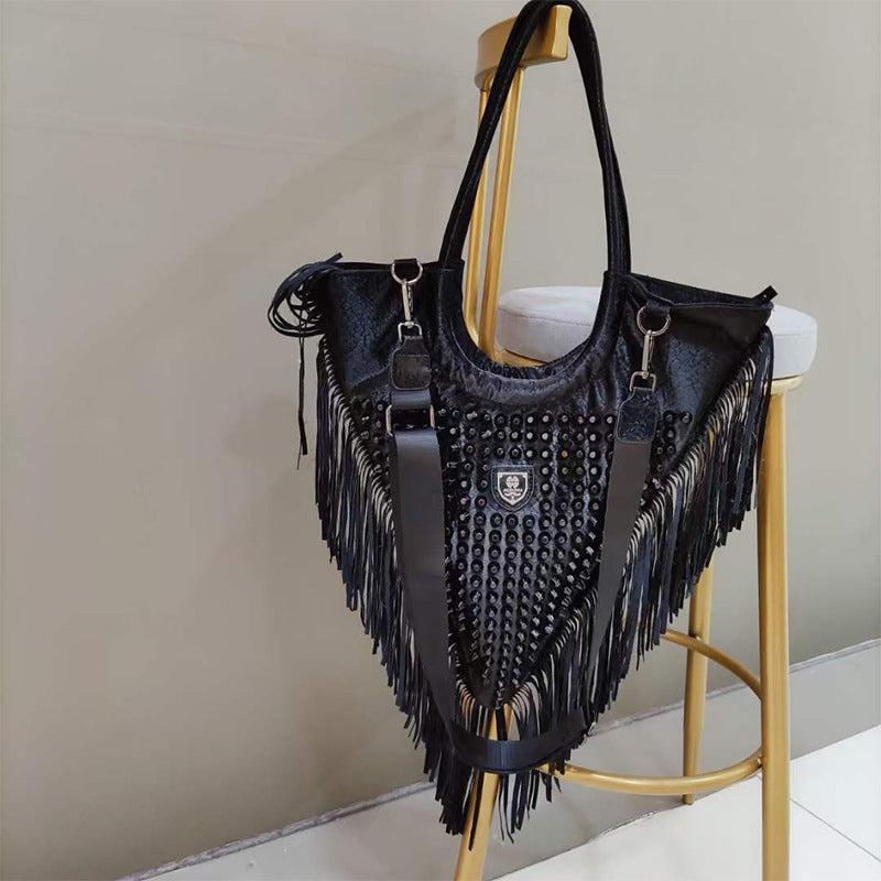 Street Trendy Personality Rivets Tassel Triangle Shoulder Bags