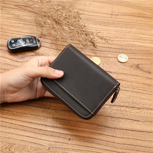 Men's Crazy Horse First Layer Cowhide Short Leather Zipper Simple Ladies Wallets