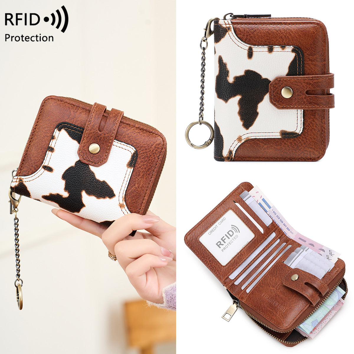 Women's Swiping Chain Printing Color Contrast Short Ladies Wallet