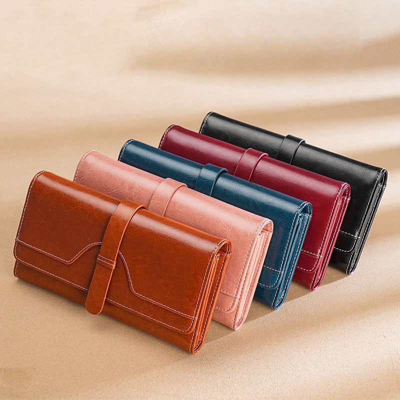 Women's Oil Wax Leather Long Multiple Slots Cowhide Ladies Wallet