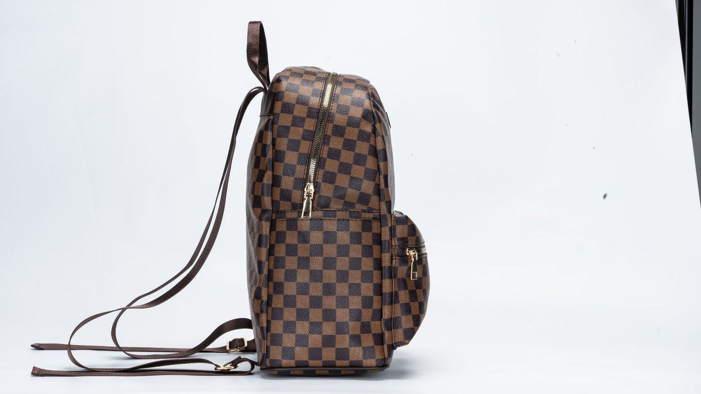 Women's Chessboard Plaid Retro Large Capacity Leather Backpacks