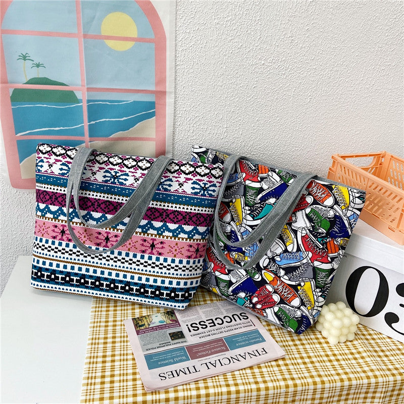 Women's Canvas Large Capacity Printed Korean Literary Women's Shoulder Bag