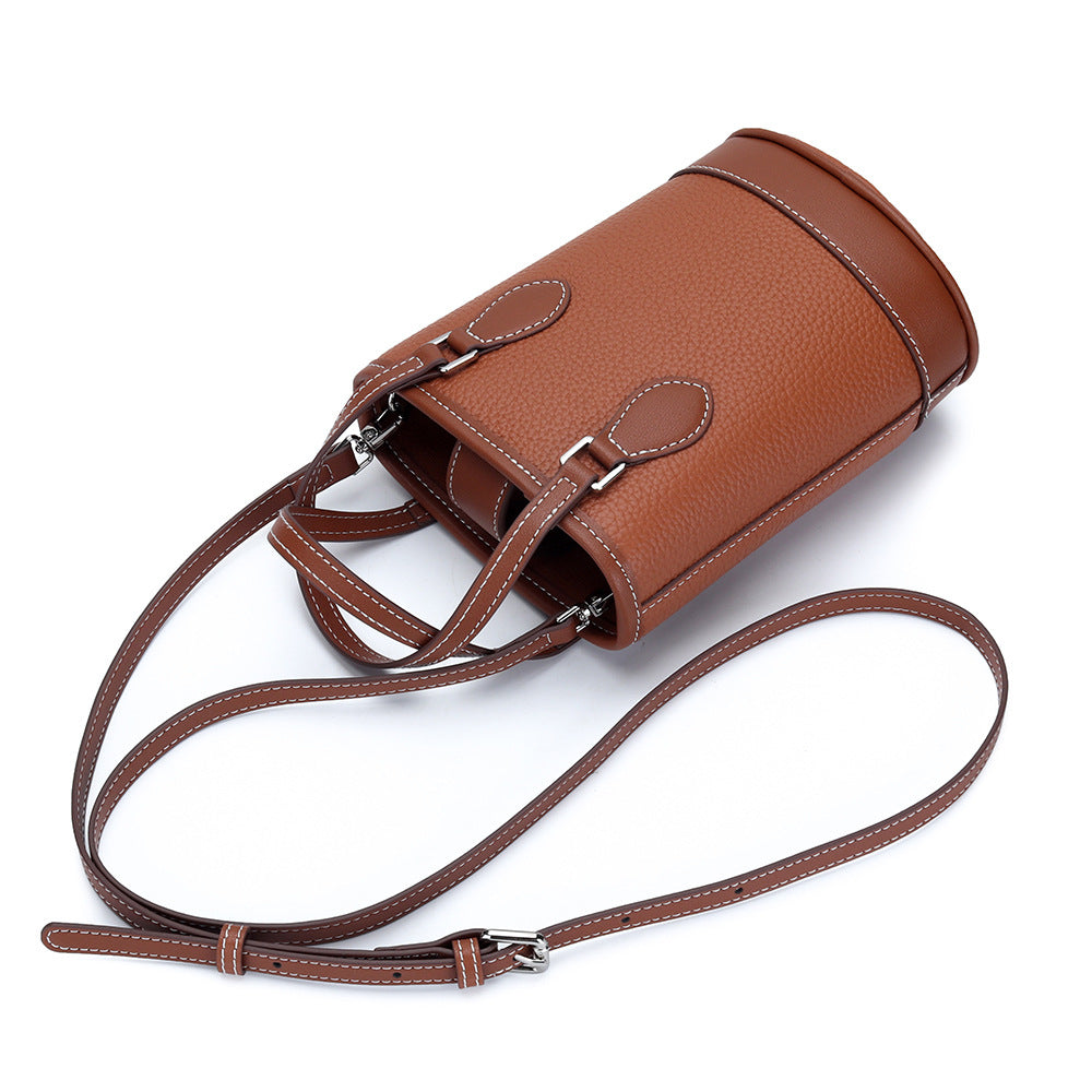 Women's Fashion Color Contrast Vertical Portable Design Genuine Bucket Bags