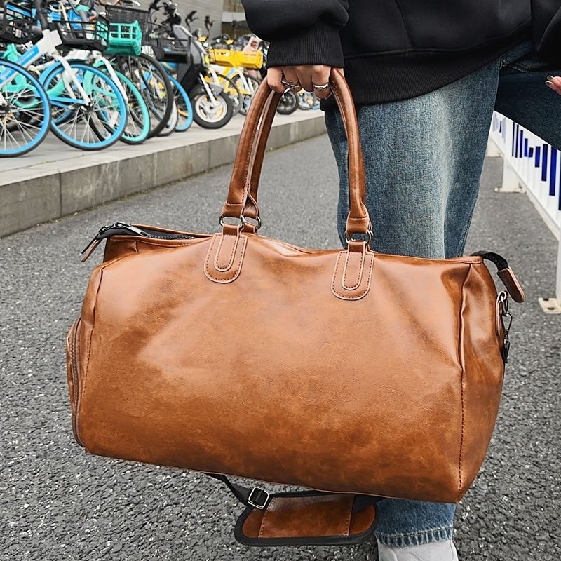 Men's Solid Color Large Capacity Leather Collect Travel Bags