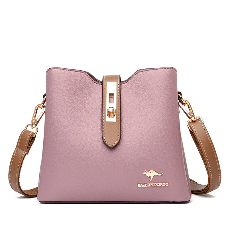 Women's Color Kangaroo Korean Fashion Textured Genuine Shoulder Bags