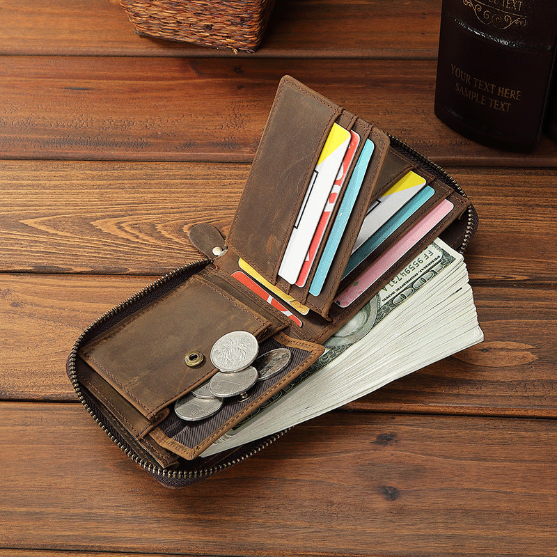Men's Leather Crazy Horse Broken Sier Multiple Slots Bills Horizontal Storage Men's Wallets