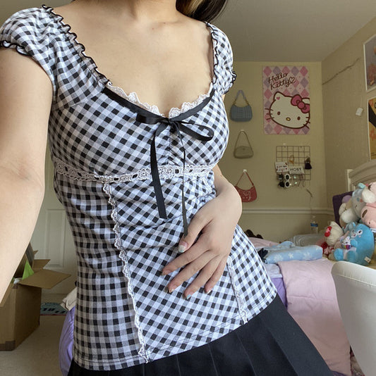 Fashionable Plaid Lace Ribbon Knitted Bow Slim Blouses