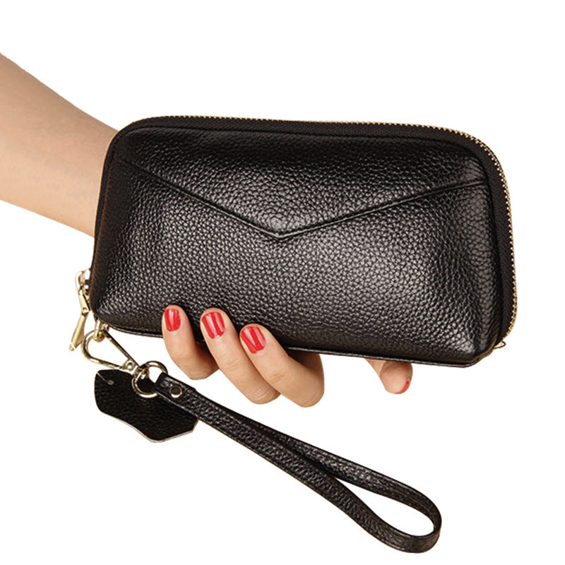 Women's Cowhide Zipper Fashionable Stitching Wire Genuine Leather Clutch Ladies Wallet